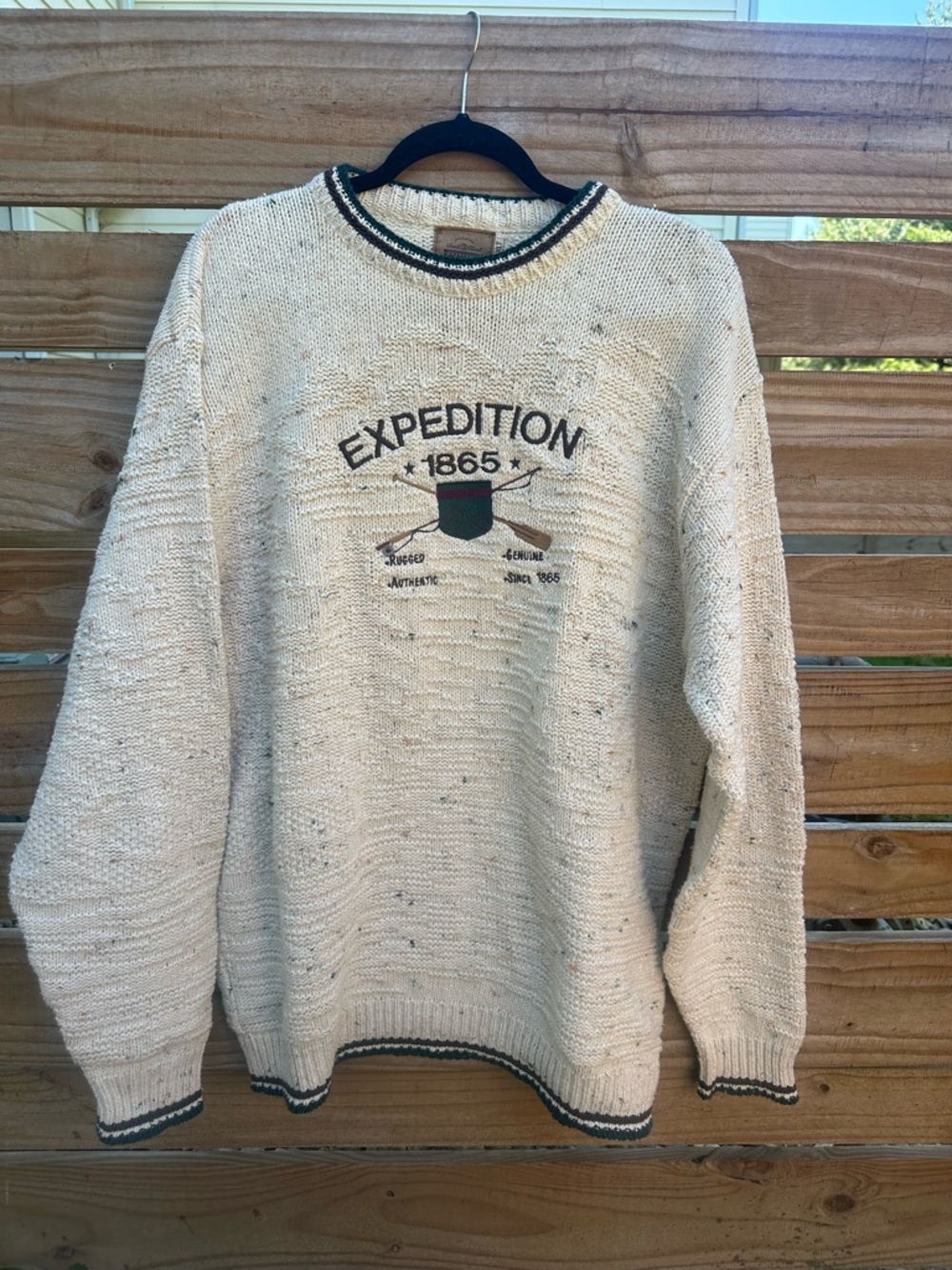 VTG Duck Head Cream Crewneck Sweater with Black and Green Trim